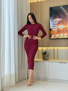 VESTIDO MIDI CANELADO MANGA LONGA