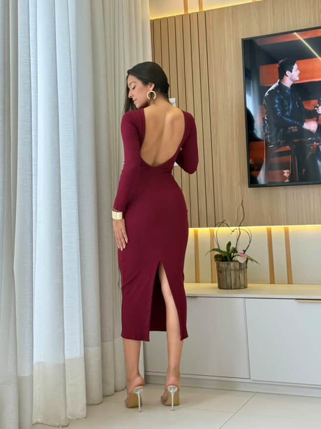 VESTIDO MIDI CANELADO MANGA LONGA